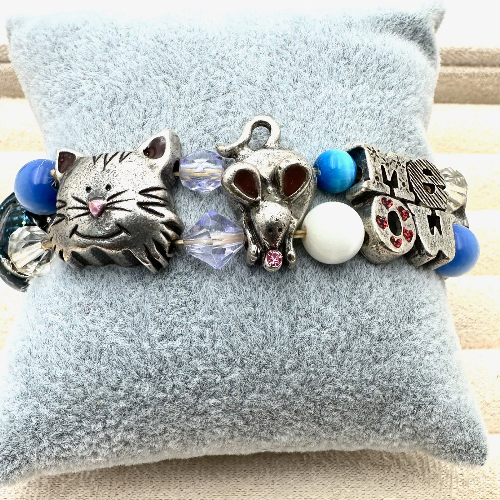 Silver Tone Cat Mouse Bracelet MEOW Ball of Yarn Adjustable Size (1 of 2)