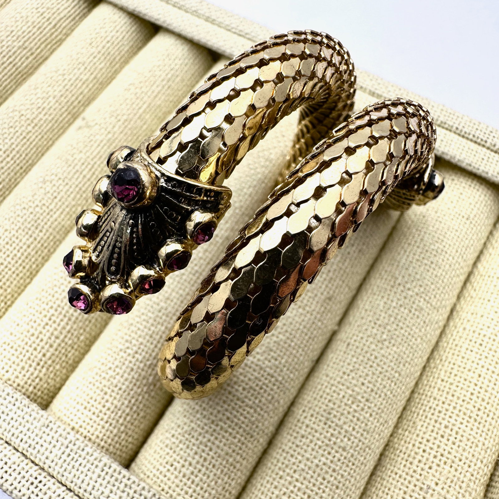 Vintage Gold Tone Mesh Coil Bracelet Purple Rhinestone Unsigned Whiting and Davis? (1 of 2)