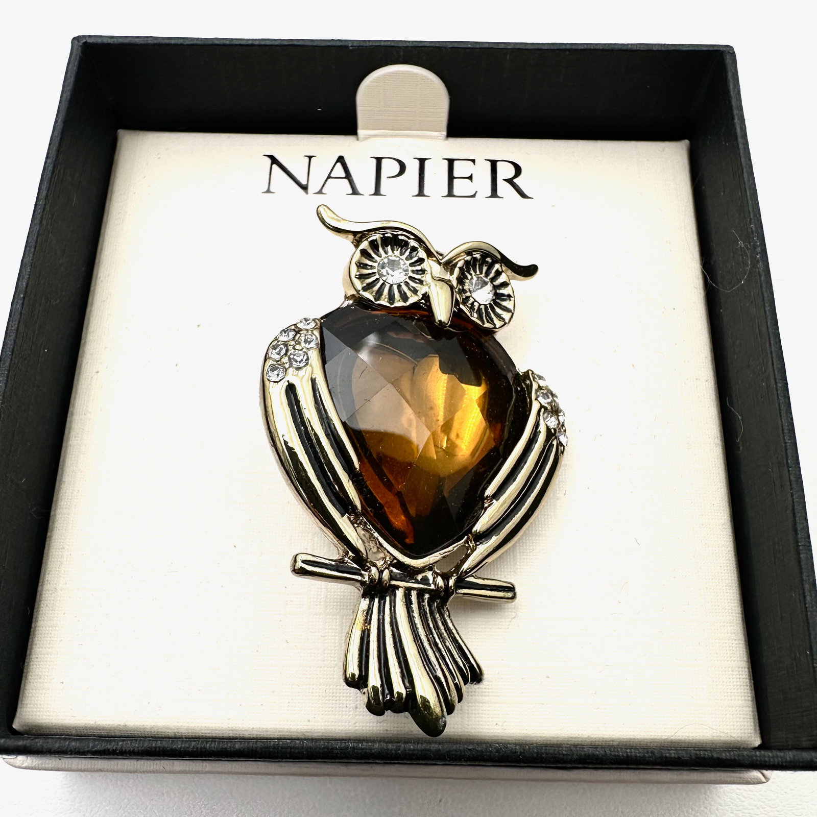 Napier Amber Colored Crystal Gold Tone Owl Brooch Pin Original Box Included: Napier Amber Colored Crystal Gold Tone Owl Brooch Pin Original Box Included