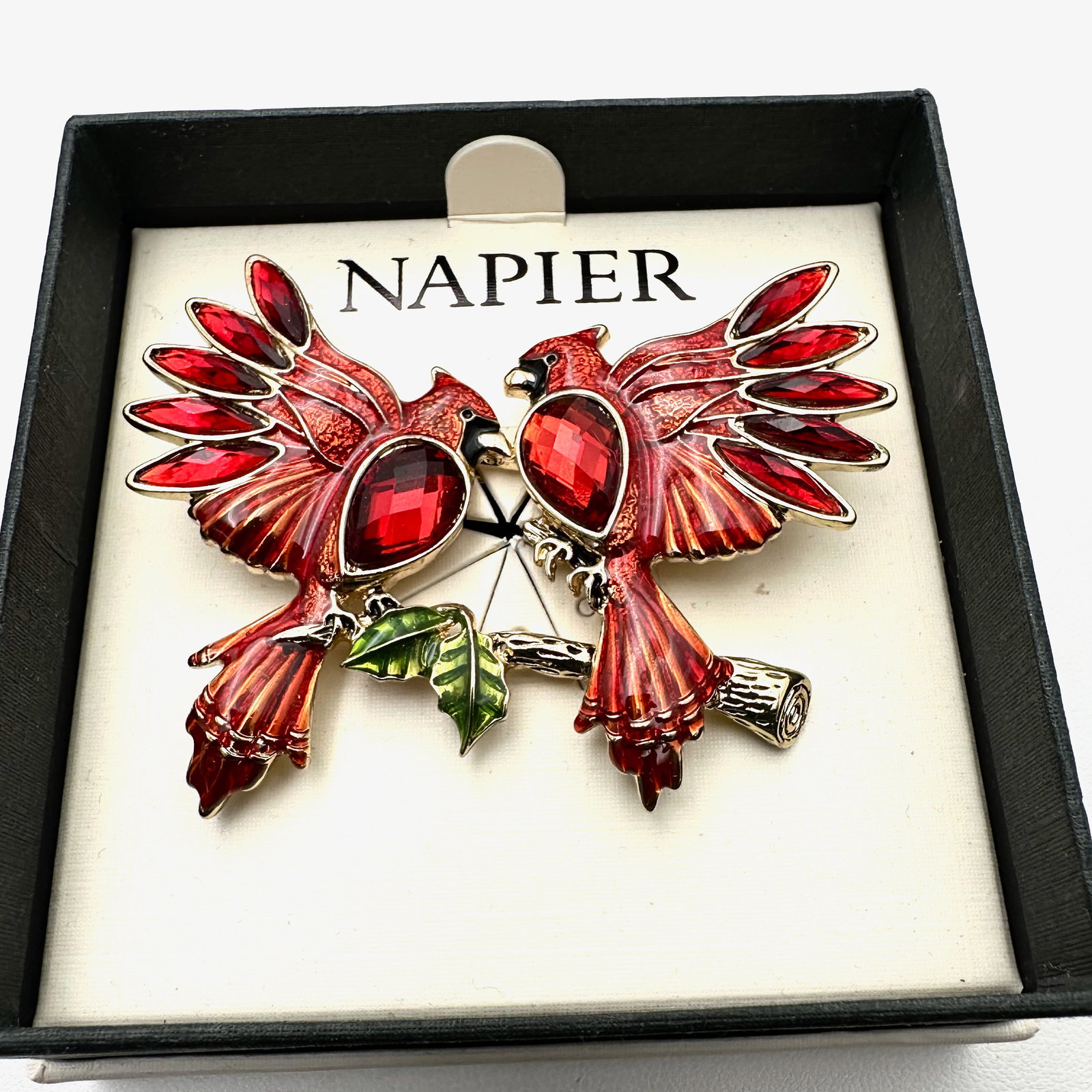 Napier Enamel and Rhinestone Cardinal Red Birds Gold Tone Brooch Pin Original Box Included: Napier Enamel and Rhinestone Cardinal Red Birds Gold Tone Brooch Pin Original Box Included