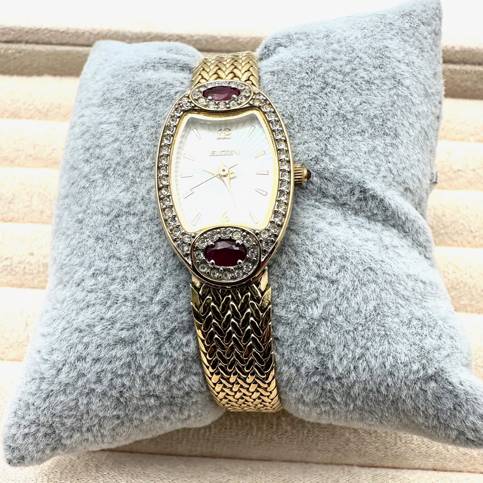 Elgin Ruby and Diamond Accent Gold Watch 6.5 Inch Will Need New Battery Unworn Condition: Elgin Ruby and Diamond Accent Gold Watch 6.5 Inch Will Need New Battery Unworn Condition