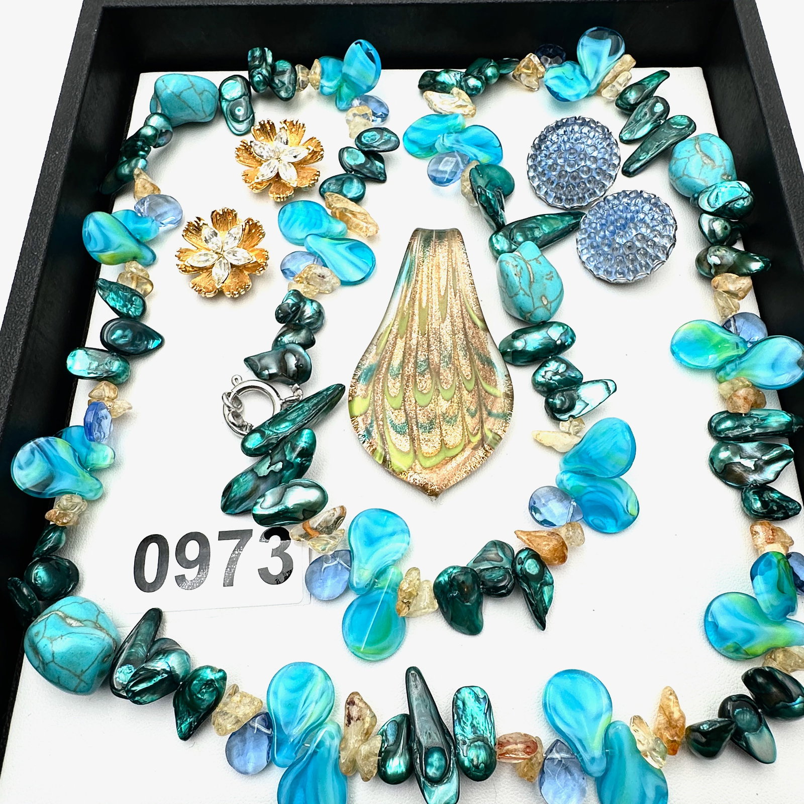 Vintage and Modern Jewelry Group Lot Mother of Pearl Art Glass Necklace BSK Clip Earrings Murano: Vintage and Modern Jewelry Group Lot Mother of Pearl Art Glass Necklace BSK Clip Earrings Murano Glass Pendant