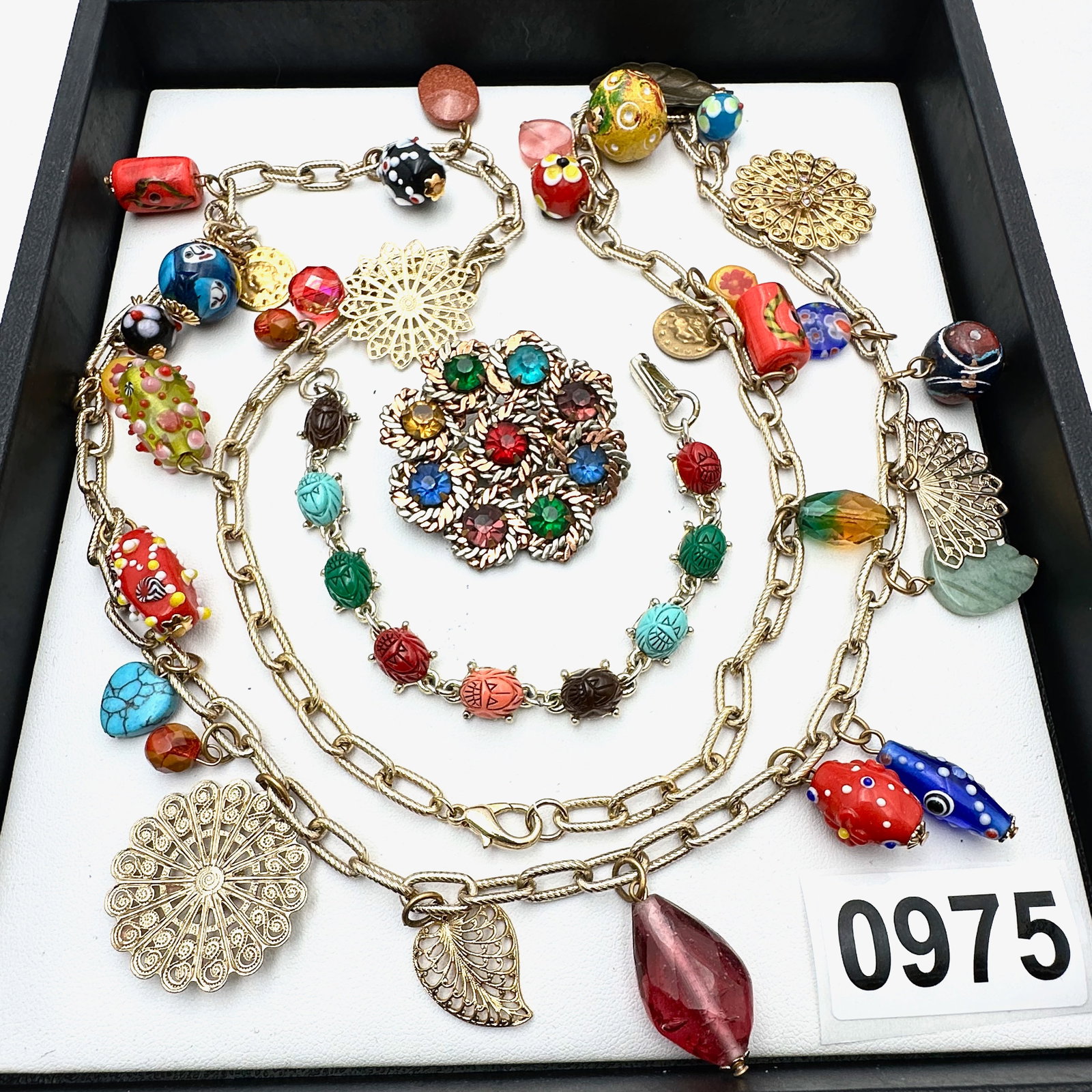 Vintage and Modern Jewelry Group Lot Scarab Bracelet Art Glass Bead Necklace Brooch (1 of 2)