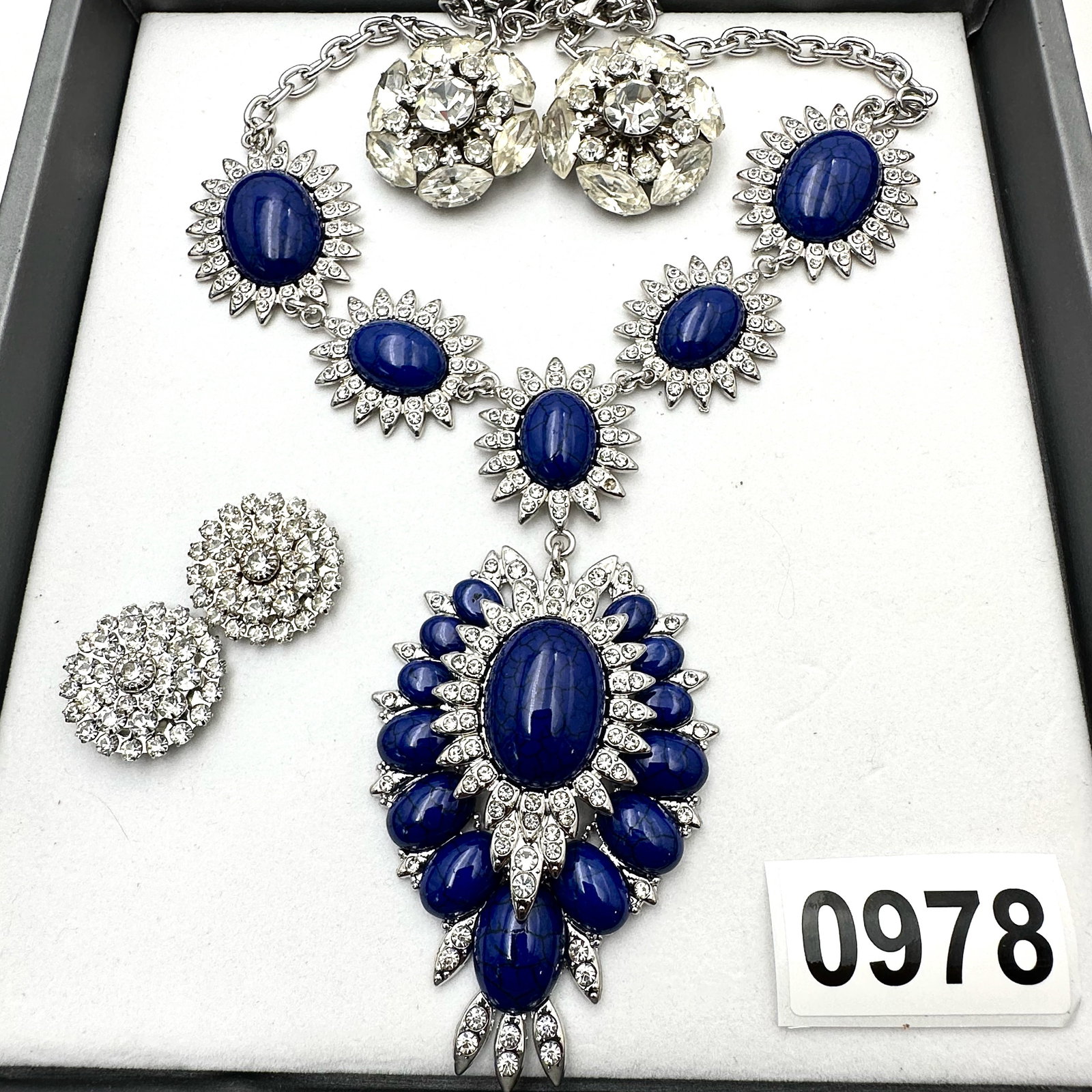 Vintage and Modern Jewelry Group Lot Clear Rhinestone Clip Earrings Blue Cabochon Clear Crystal: Vintage and Modern Jewelry Group Lot Clear Rhinestone Clip Earrings Blue Cabochon Clear Crystal Necklace