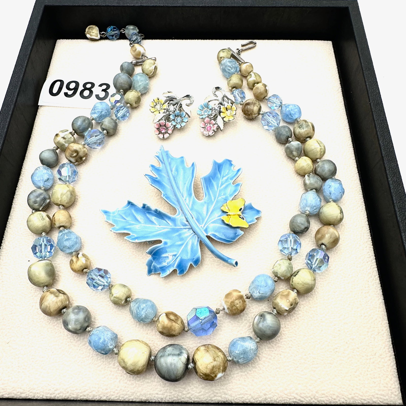 Vintage and Modern Jewelry Group Lot Blue Glass Bead Necklace Enamel Brooch Enamel Flower Clip (1 of 2)