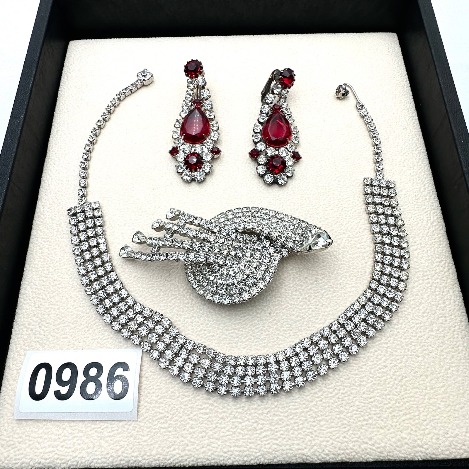 Vintage and Modern Jewelry Group Lot Red And Clear Glass Rhinestone Earrings Brooch and Necklace: Vintage and Modern Jewelry Group Lot Red And Clear Glass Rhinestone Earrings Brooch and Necklace