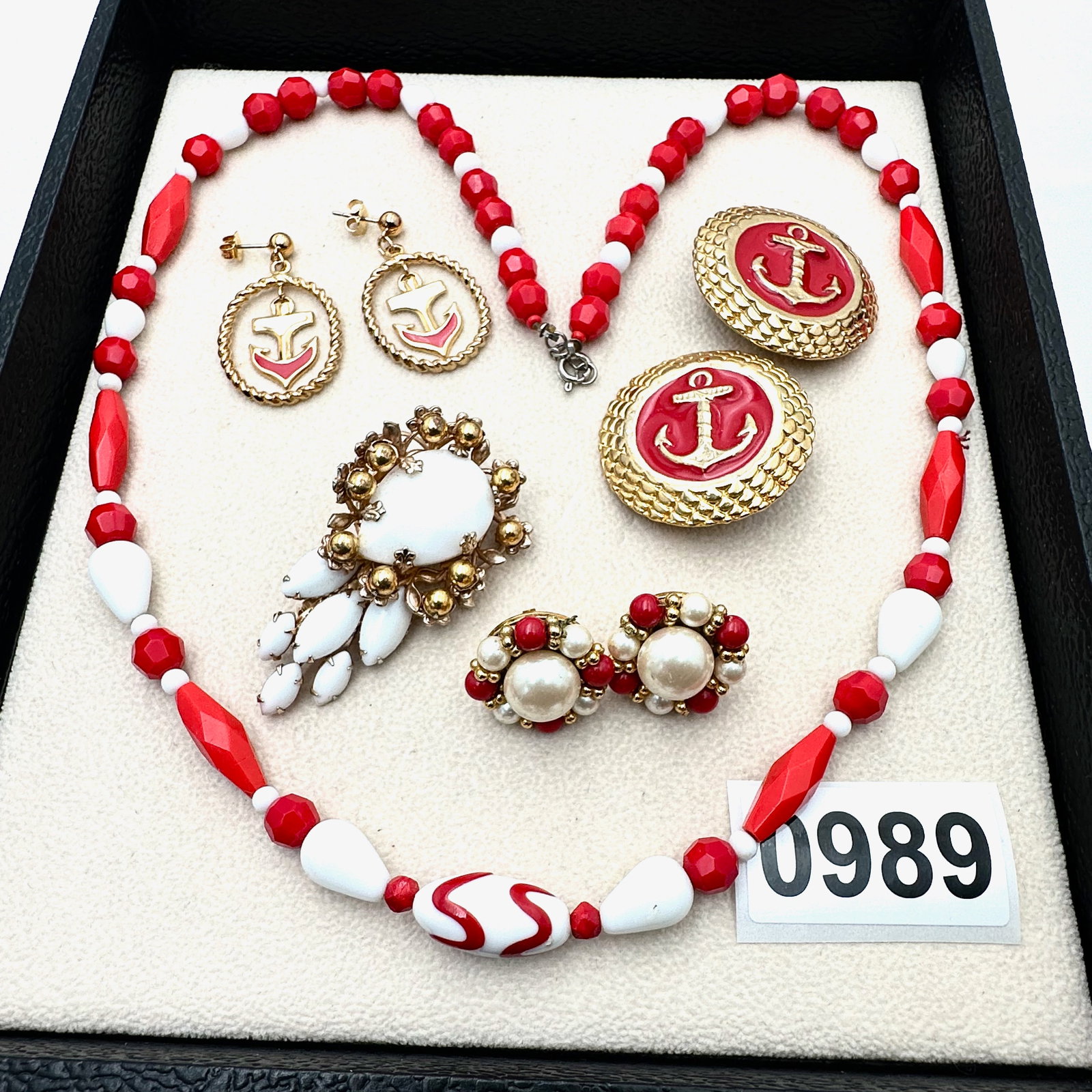 Vintage and Modern Jewelry Group Lot Antique Glass Beads Pierced and Clip Earrings Cathe' Brooch: Vintage and Modern Jewelry Group Lot Antique Glass Beads Pierced and Clip Earrings Cathe' Brooch Pin Red White Gold