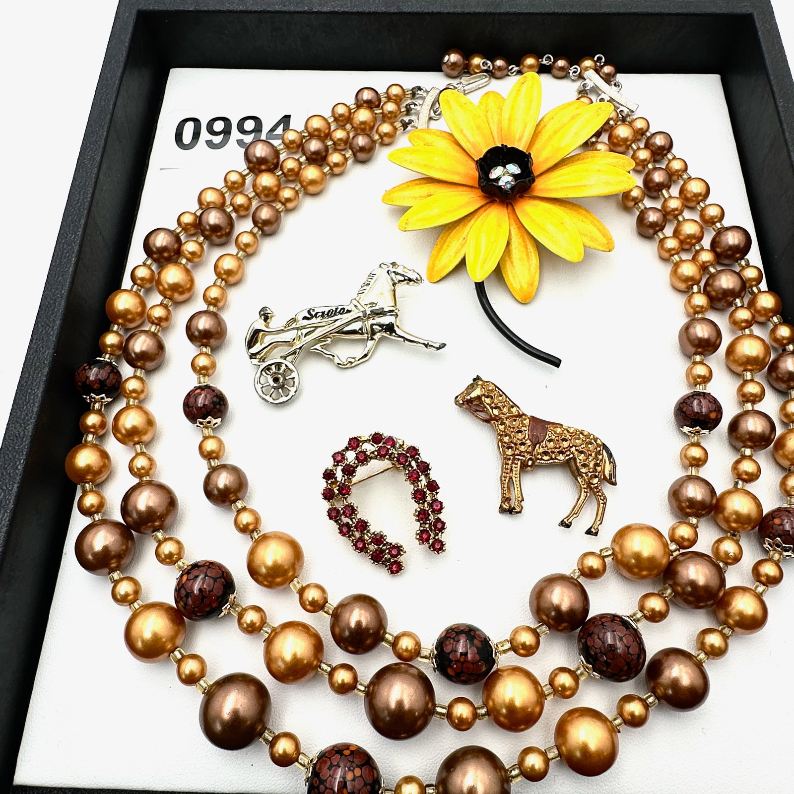Vintage and Modern Jewelry Group Lot MCM Necklace Horse Shoe and Horse Brooch Enamel Flower Pin: Vintage and Modern Jewelry Group Lot MCM Necklace Horse Shoe and Horse Brooch Enamel Flower Pin