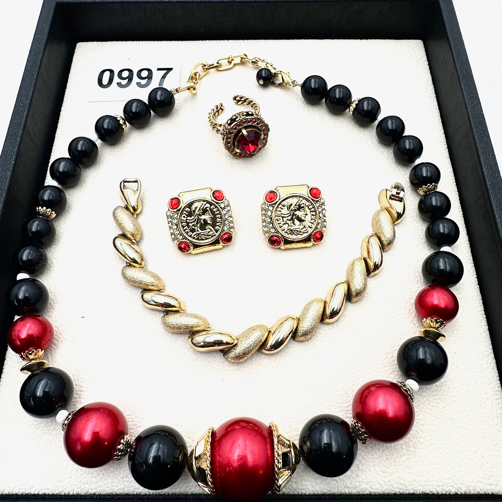 Vintage and Modern Jewelry Group Lot Vintage Ring Coin Earrings Red Black Necklace: Vintage and Modern Jewelry Group Lot Vintage Ring Coin Earrings Red Black Necklace