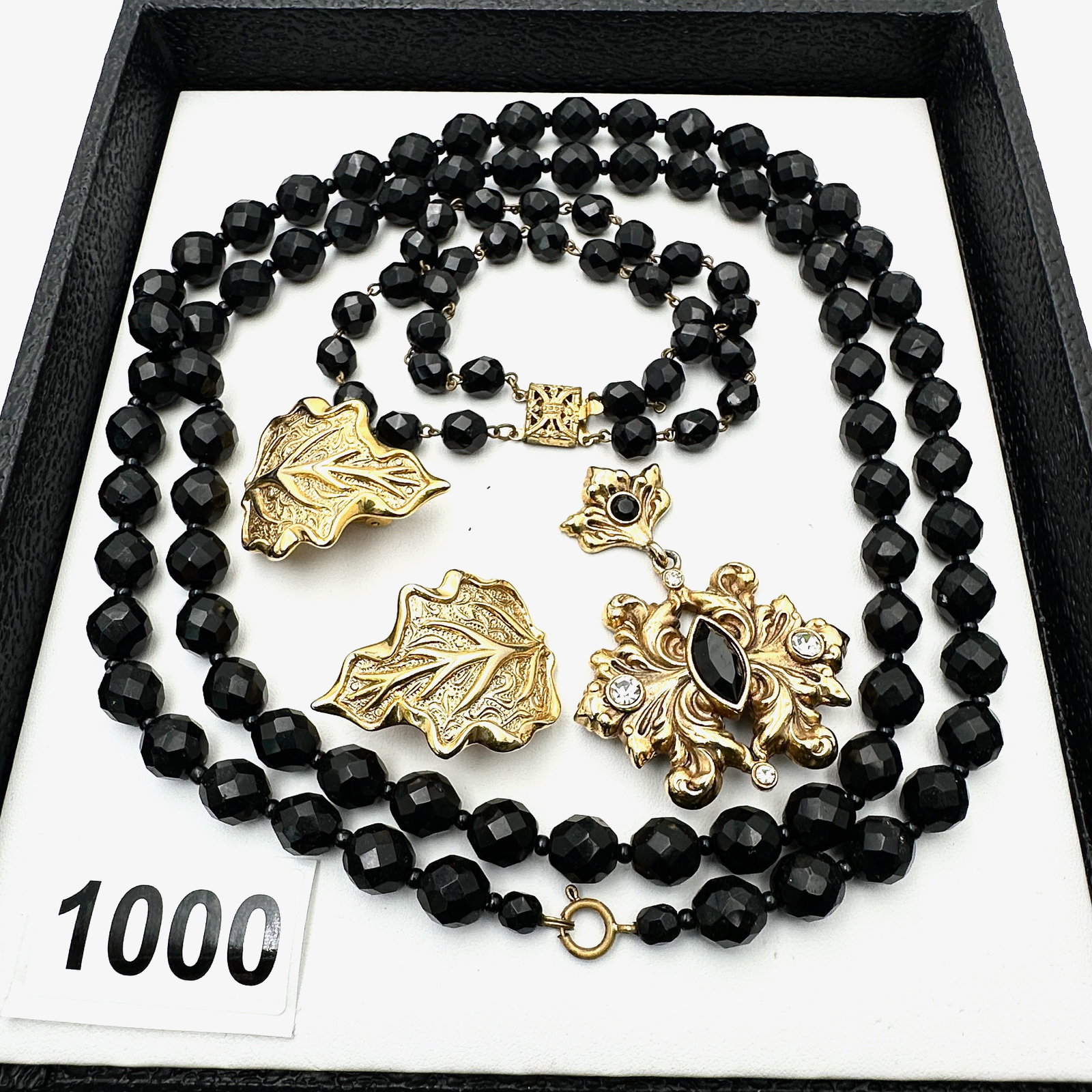Vintage and Modern Jewelry Group Lot Black Glass Bead Necklace Earrings Gold Clip Earrings and: Vintage and Modern Jewelry Group Lot Black Glass Bead Necklace Earrings Gold Clip Earrings and Brooch