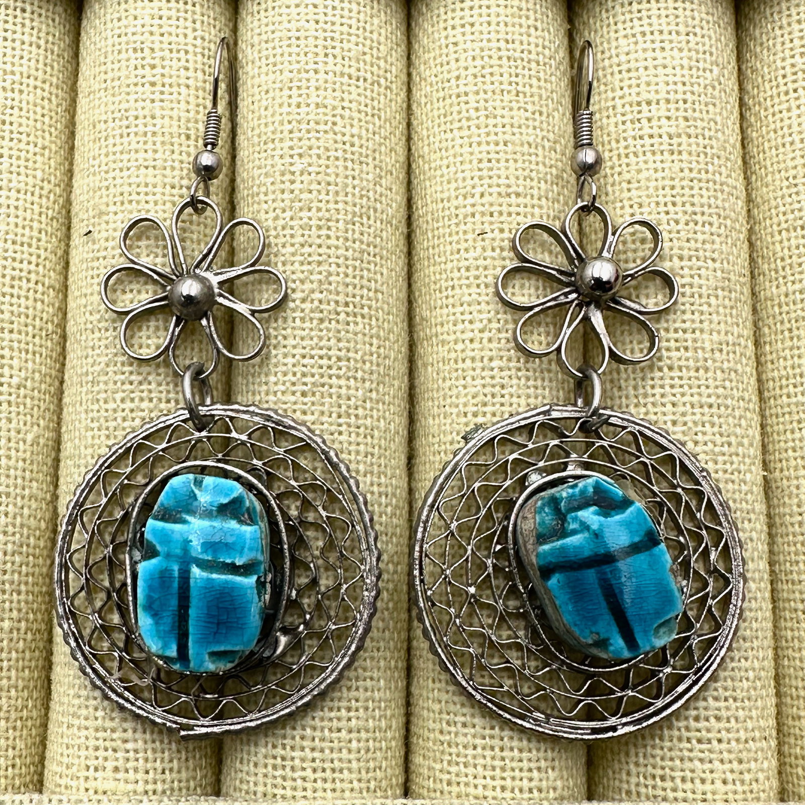 Vintage Egyptian Revival Blue Faience Scarab Silver Tone Chandelier Pierced Earrings 2.5 Inch (1 of 2)