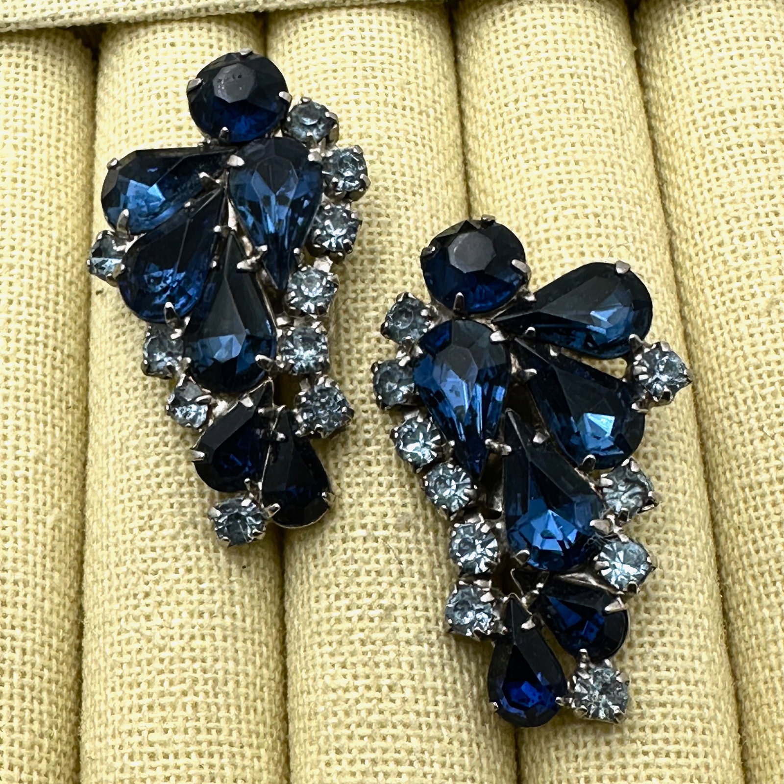 Vintage Light and Dark Blue Glass Rhinestone Silver Tone Clip Earrings 2 Inch (1 of 2)