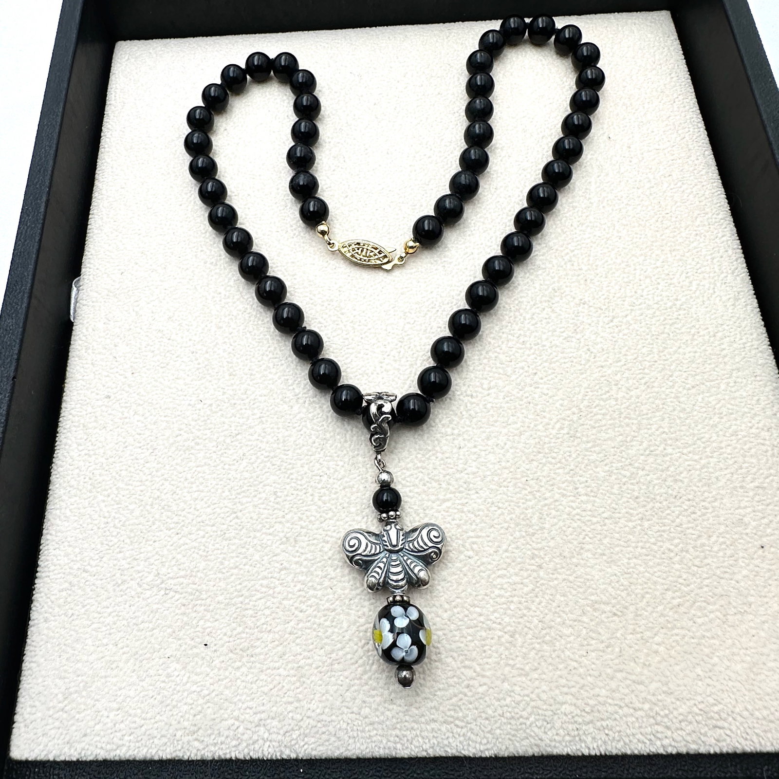 Murano Glass Sterling Silver Butterfly Pendant Black Glass Bead Necklace 17 Inch (1 of 2)