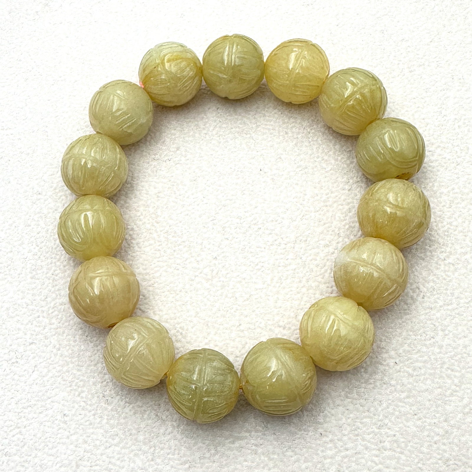 Carved Yellow Jade Bead Bracelet 7 Inch Length: Carved Yellow Jade Bead Bracelet 7 Inch Length