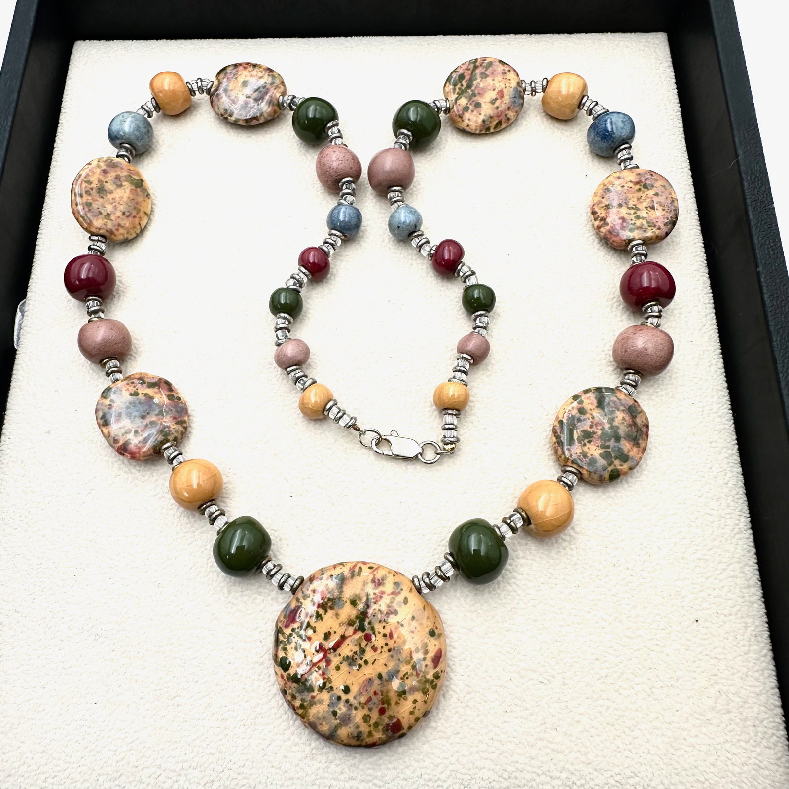Artisan Ceramic Bead Silver tone Necklace 24 Inch Pretty Colors: Artisan Ceramic Bead Silver tone Necklace 24 Inch Pretty Colors