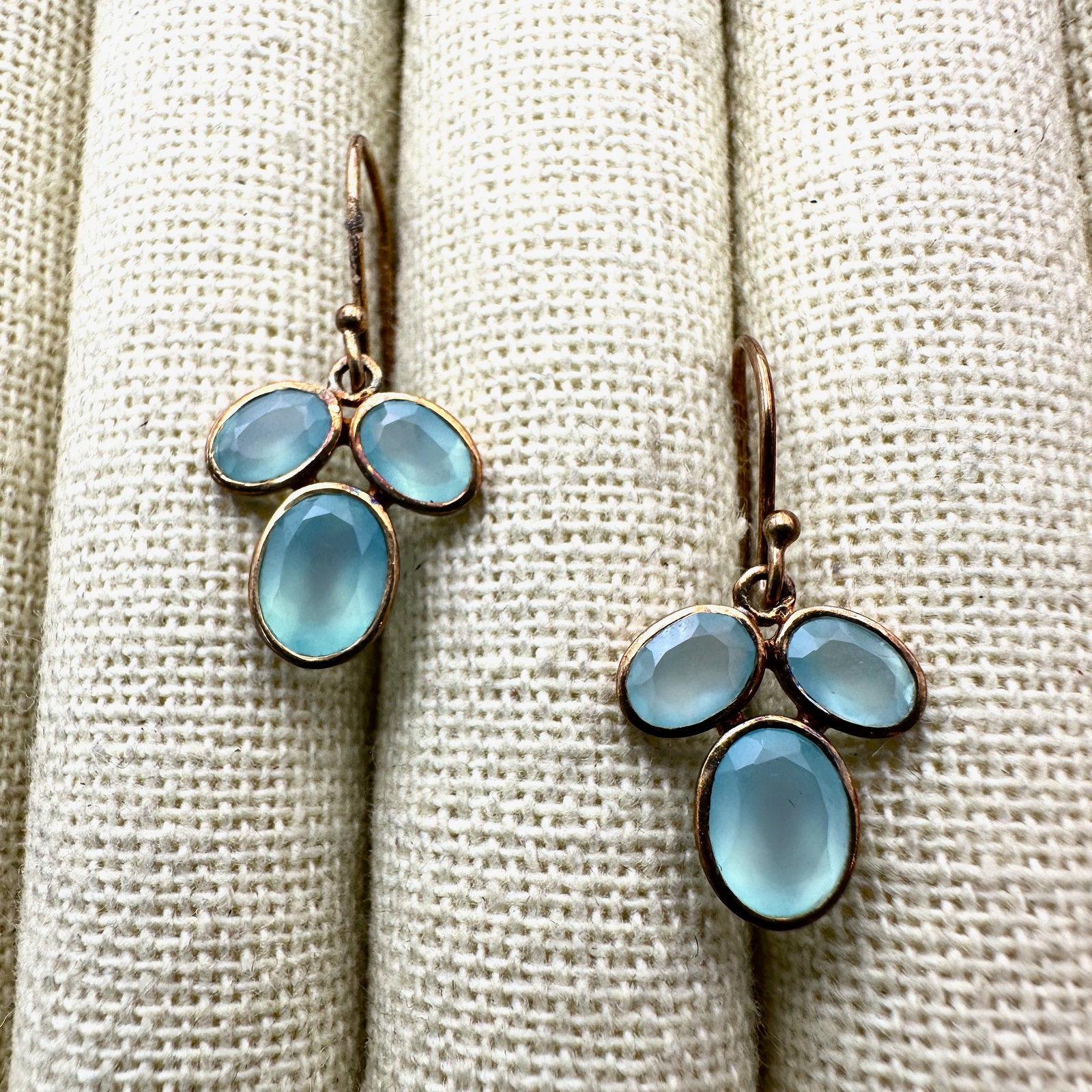 Gold Plated Sterling Silver Milky Aqua Blue Gemstone Pierced Earrings 1.25 Inch (1 of 2)