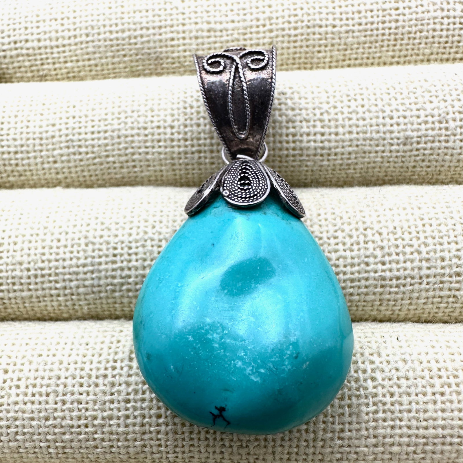 Chinese Turquoise Sterling Silver Pendant 2 Inch (1 of 2)