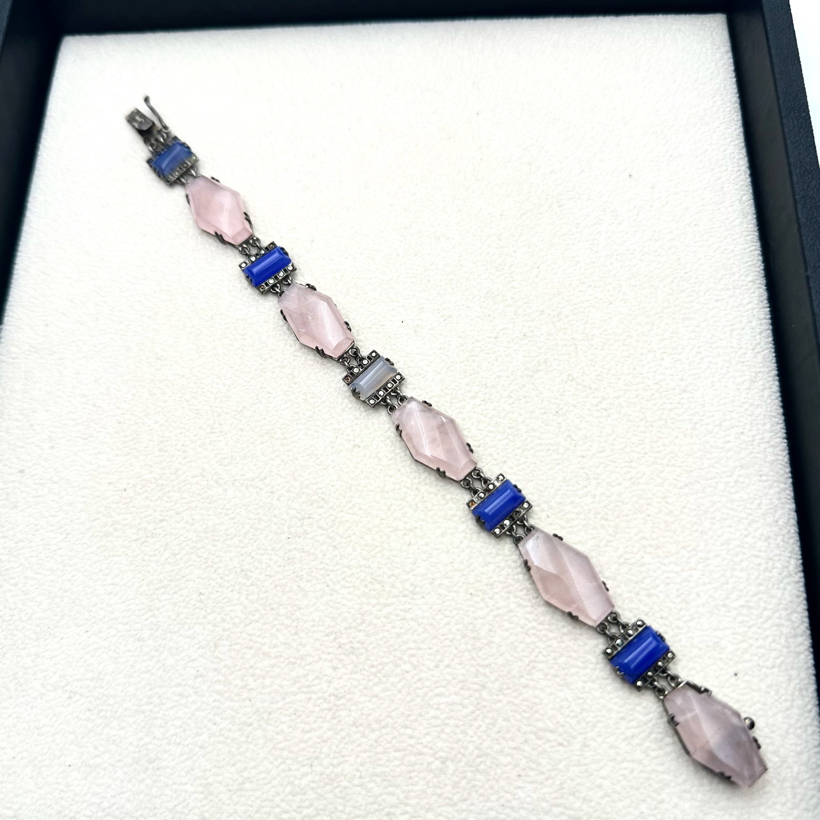 Art Deco Rose Quartz Blue Gemstone Sterling Silver Bracelet 7.25 Inch (1 of 3)