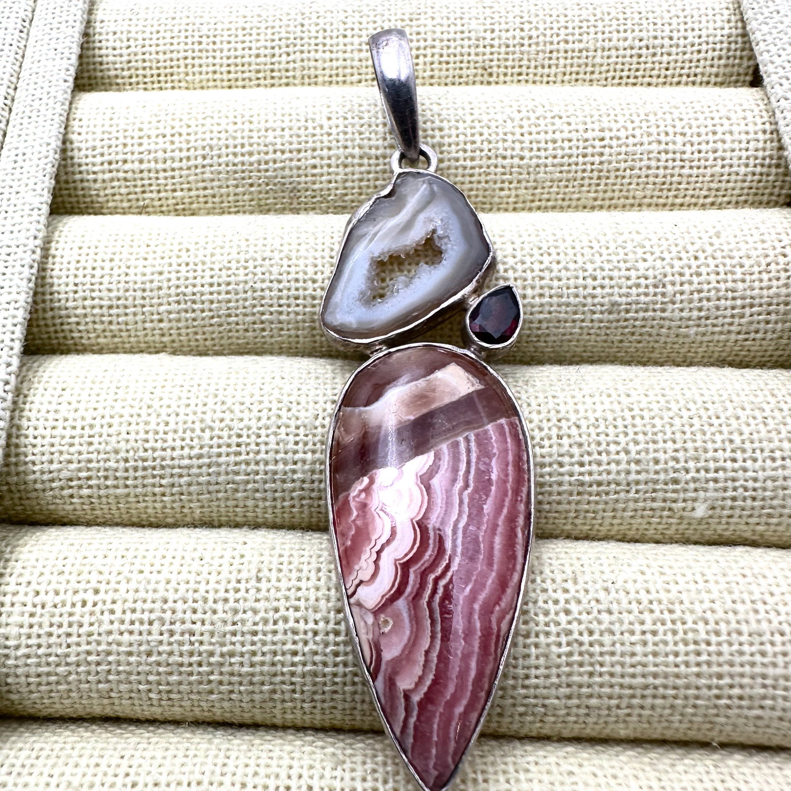 Garnet Rhodochrosite Sterling Silver Pendant 3 Inch: Garnet Rhodochrosite Sterling Silver Pendant 3 Inch