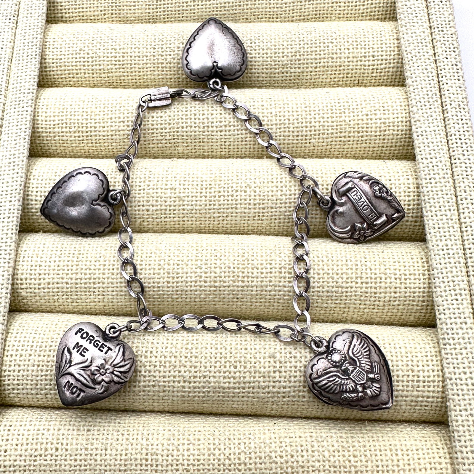 Antique Puffy Heart Sterling Silver Bracelet 6.5 Inch. Length (1 of 2)
