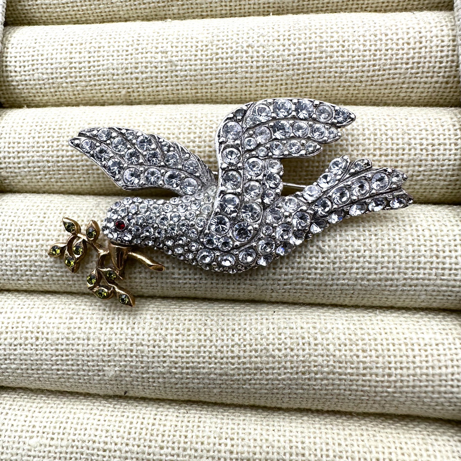 Vintage MMA Crystal Bird in Flight With Branch Silver Tone Brooch Pin 2 Inch (1 of 2)