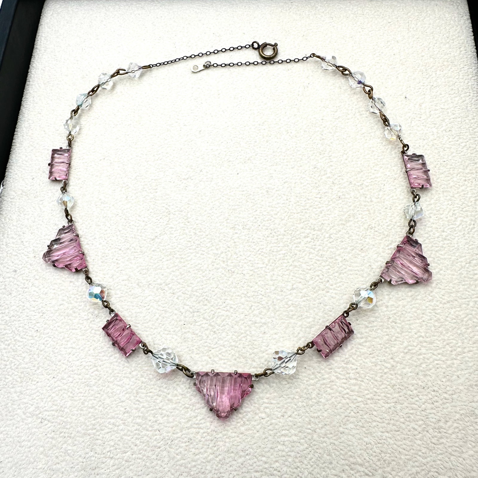 Antique Art Deco Pink and Clear Czech Glass Necklace 16 Inch Length: Antique Art Deco Pink and Clear Czech Glass Necklace 16 Inch Length