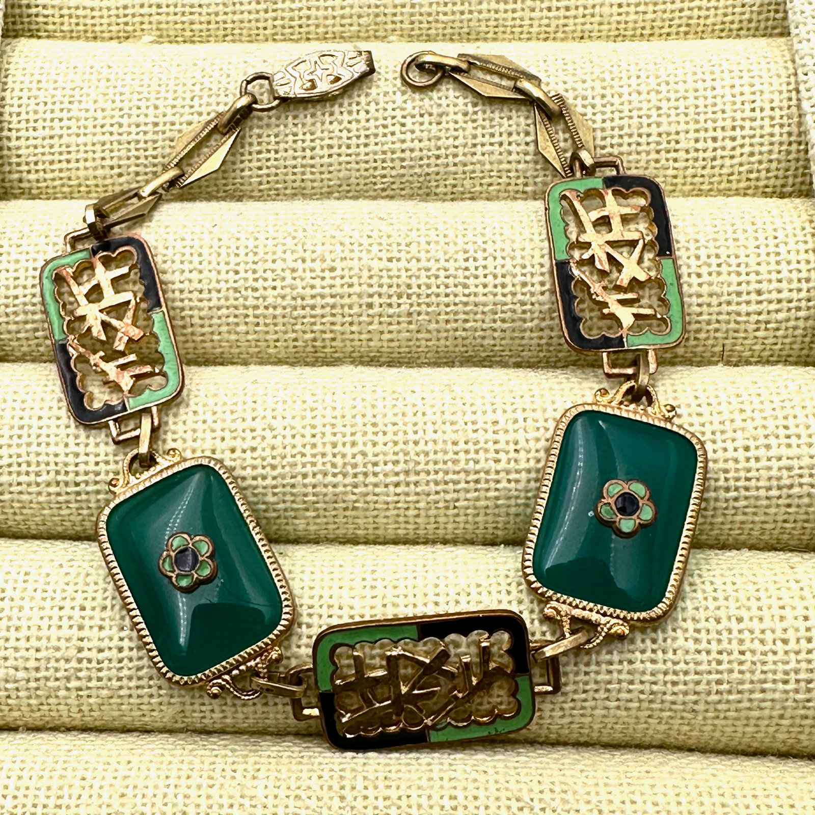 Antique Enamel and Green Czech Glass Gold Tone Bracelet 7 Inch (1 of 2)