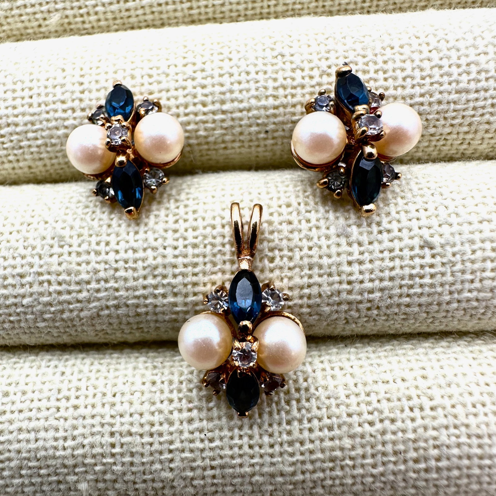 Pearl Sapphire Gold Plated Pendant And Pierced Earrings