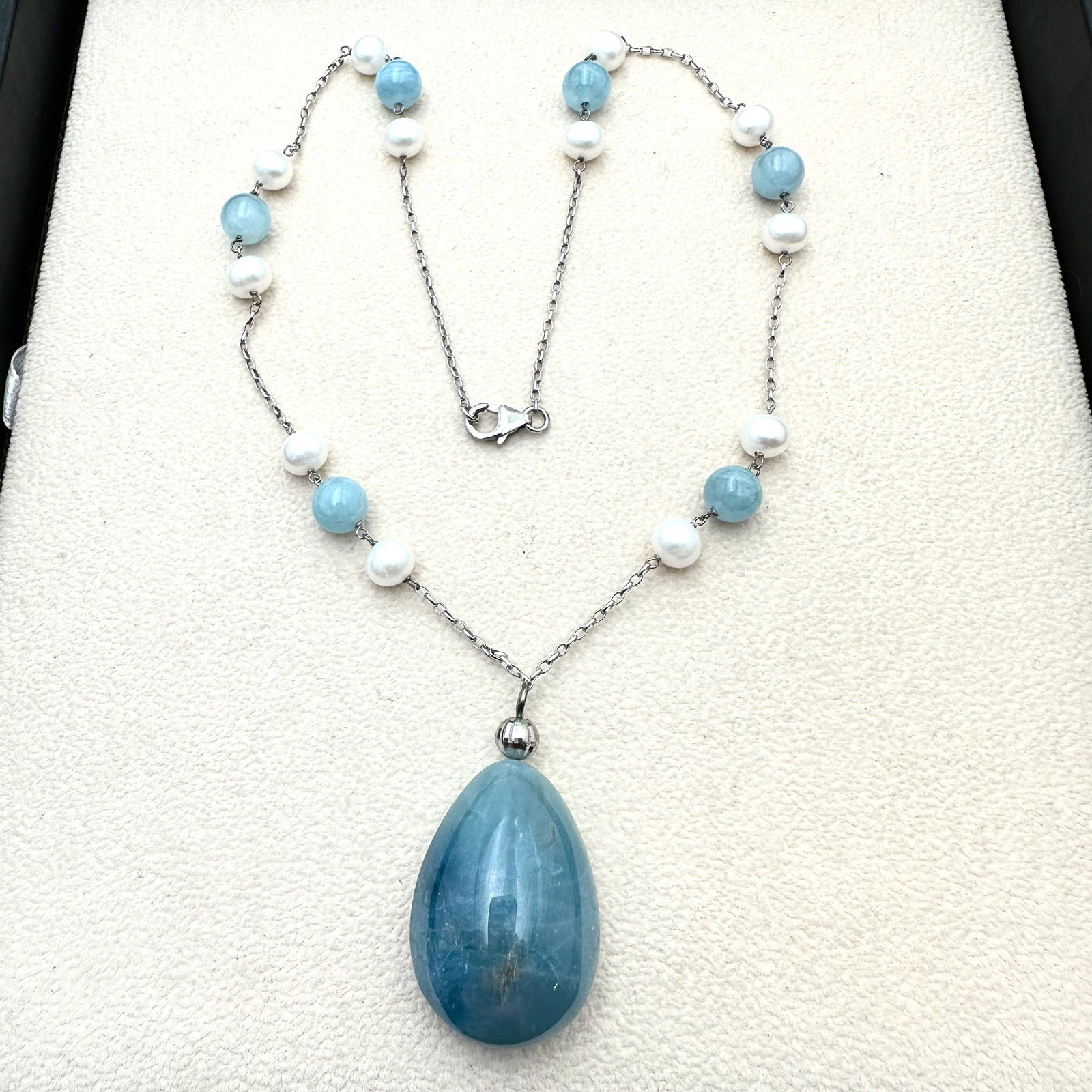 Aqua Blue Gemstone and Pearl Sterling Silver Necklace 18 Inch Wearable Length (1 of 2)