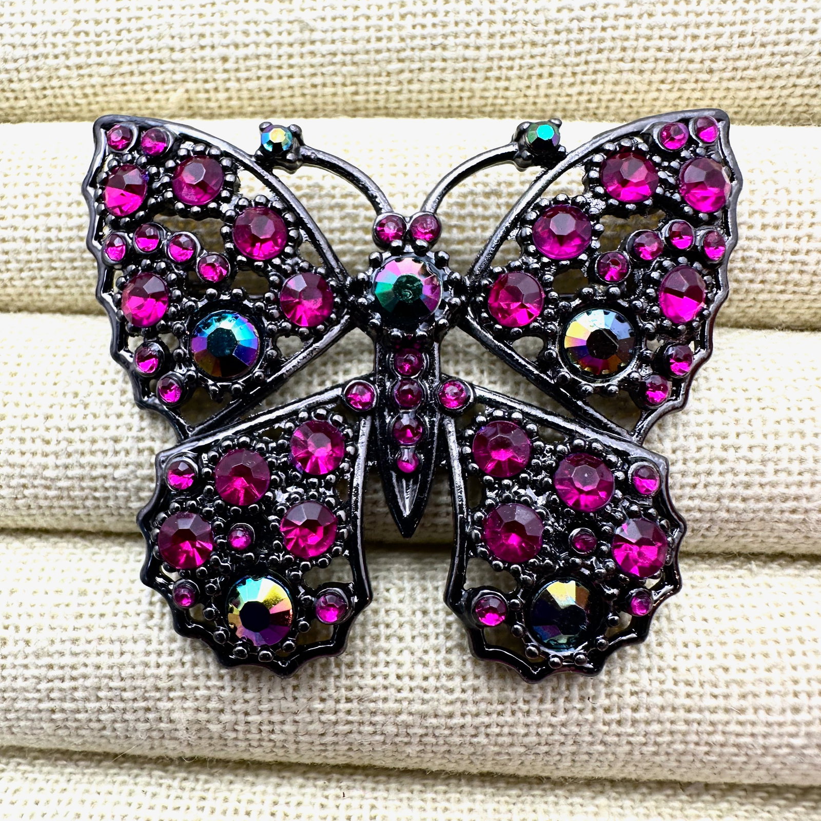 Vintage Pink Glass Rhinestone Dark Silver Tone Butterfly Brooch Pin 2.25 Inch (1 of 2)