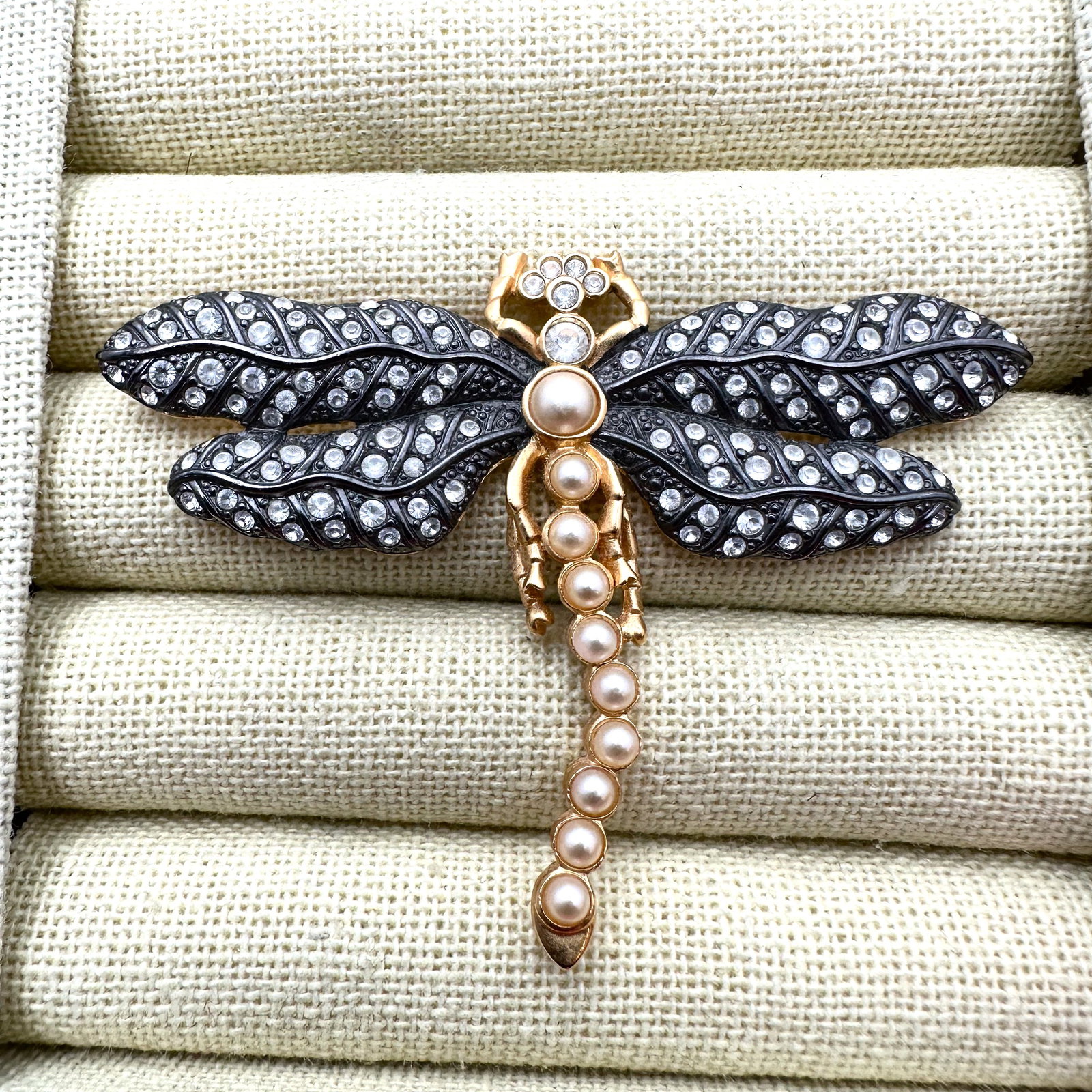 Vintage Kenneth Jay Lane Gold And Silver Tone Crystal Faux Pearl DragonFly Brooch Pin 3 Inch: Vintage Kenneth Jay Lane Gold And Silver Tone Crystal Faux Pearl DragonFly Brooch Pin 3 Inch