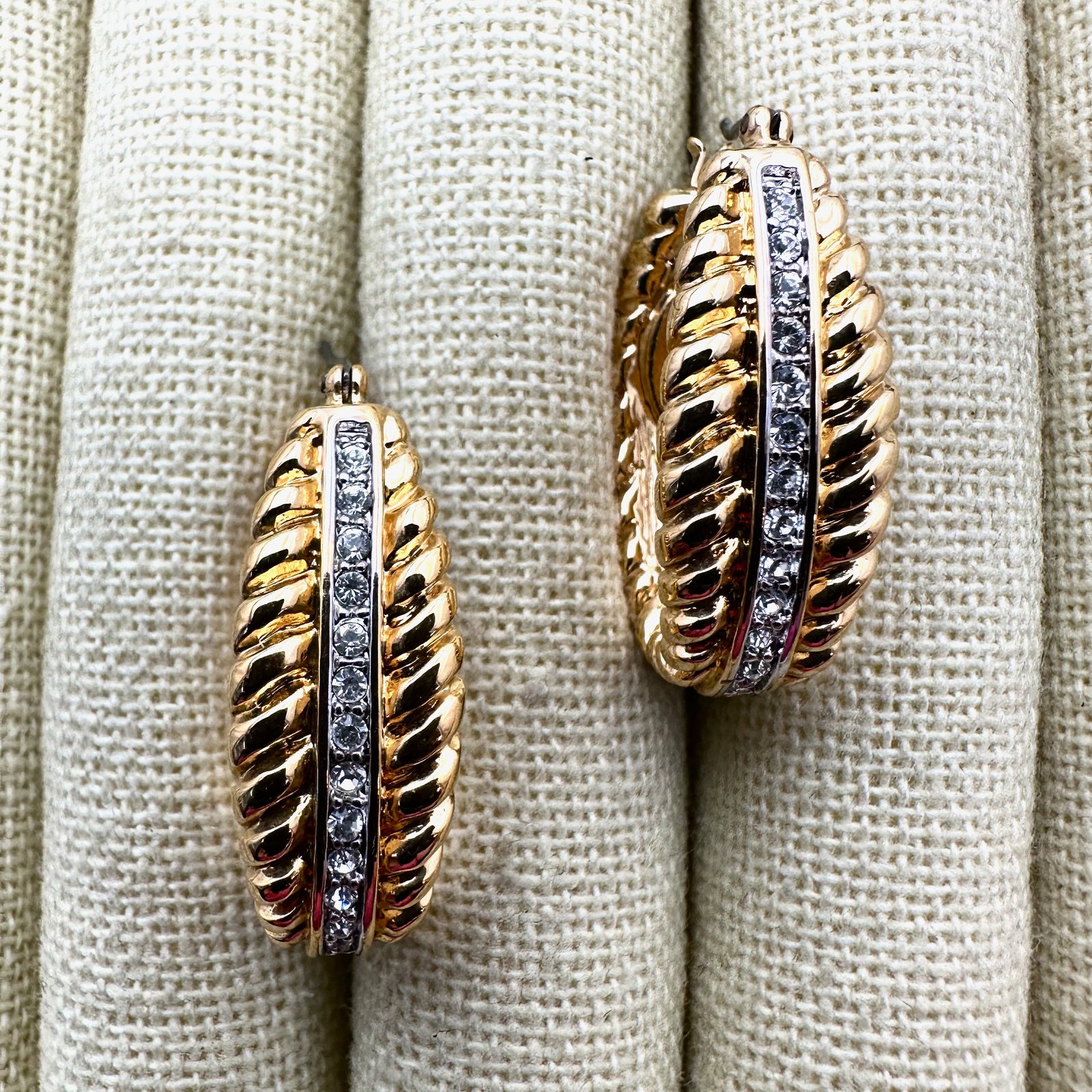 Vintage Nolan Miller Clear Crystal Gold Plated Pierced Elongated 1 Inch Hoop Earrings (1 of 2)