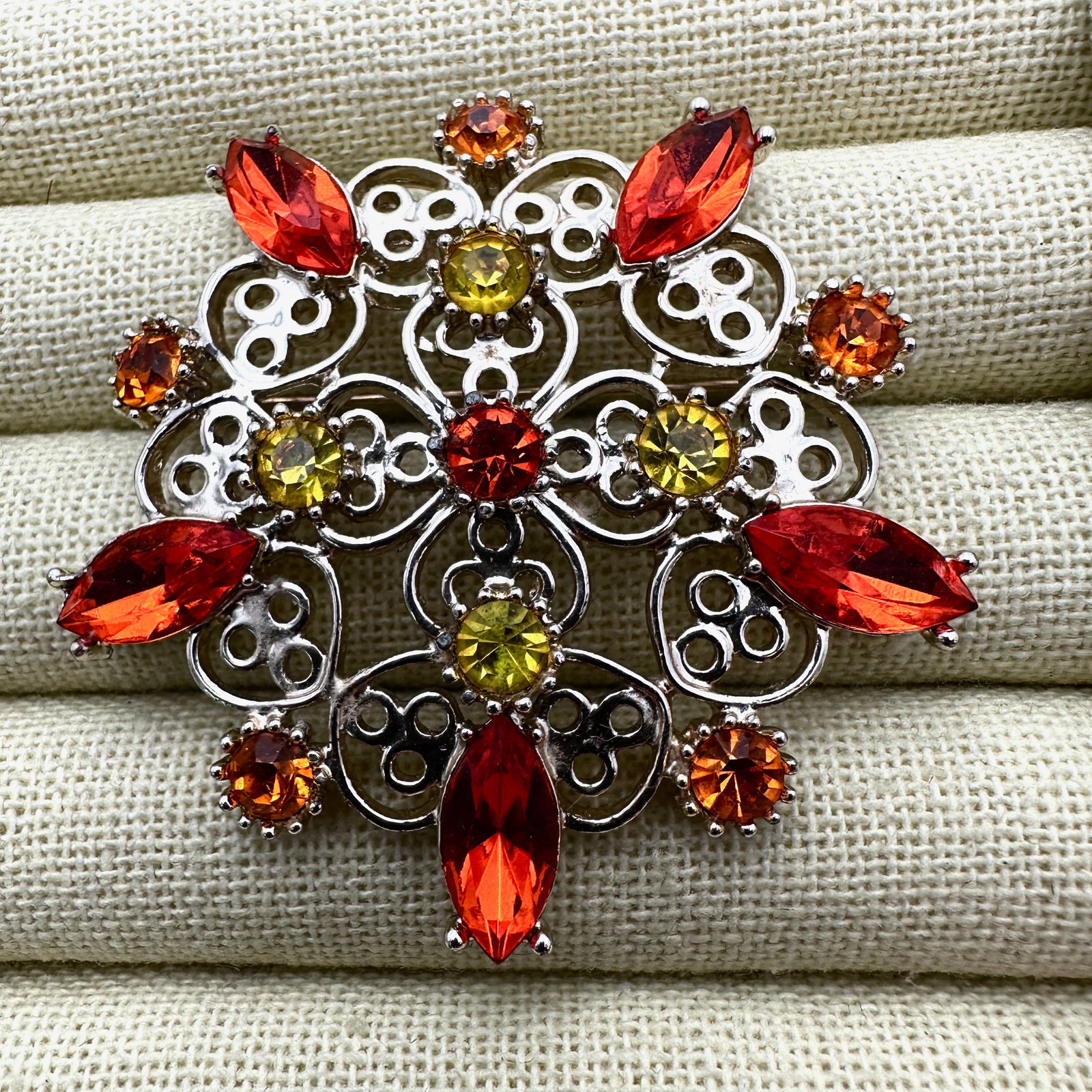 Vintage Emmons Orange and Yellow Glass Rhinestone Gold Tone Brooch Pin 2.25 Inch (1 of 2)