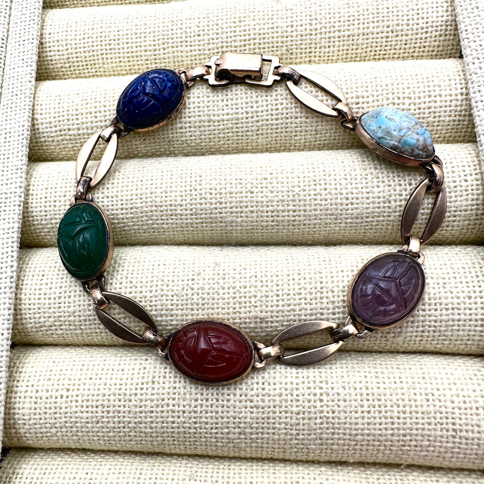 Vintage Gemstone Scarab Bracelet Gold Filled 7 Inch (1 of 2)
