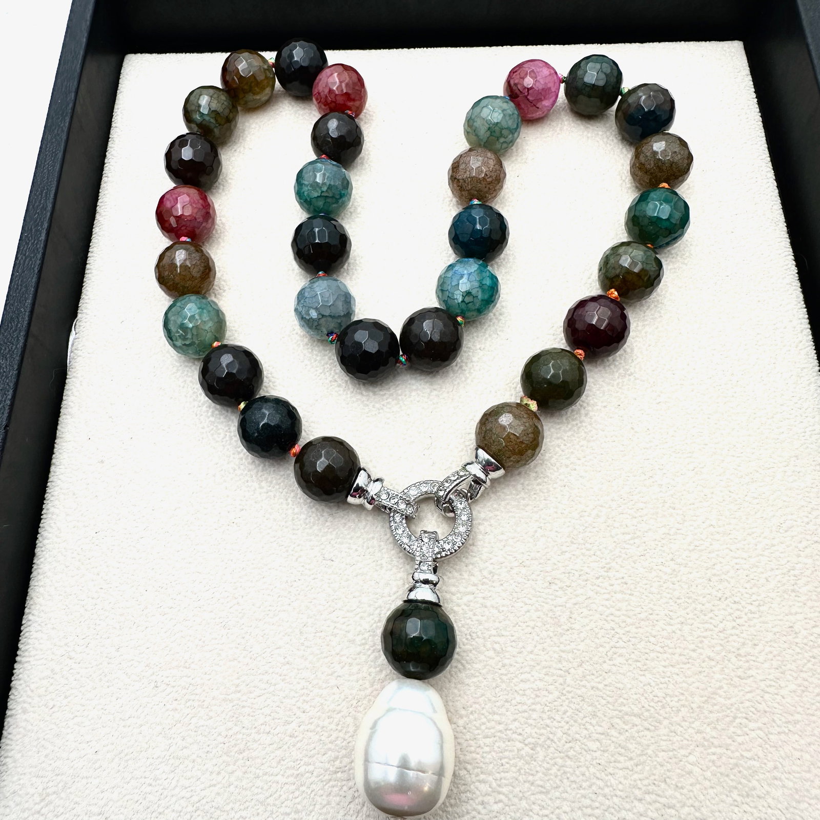 Multi Gemstone Bead Large Pearl Pendant Silver Plated Necklace 19 Inch Nice Quality (1 of 2)