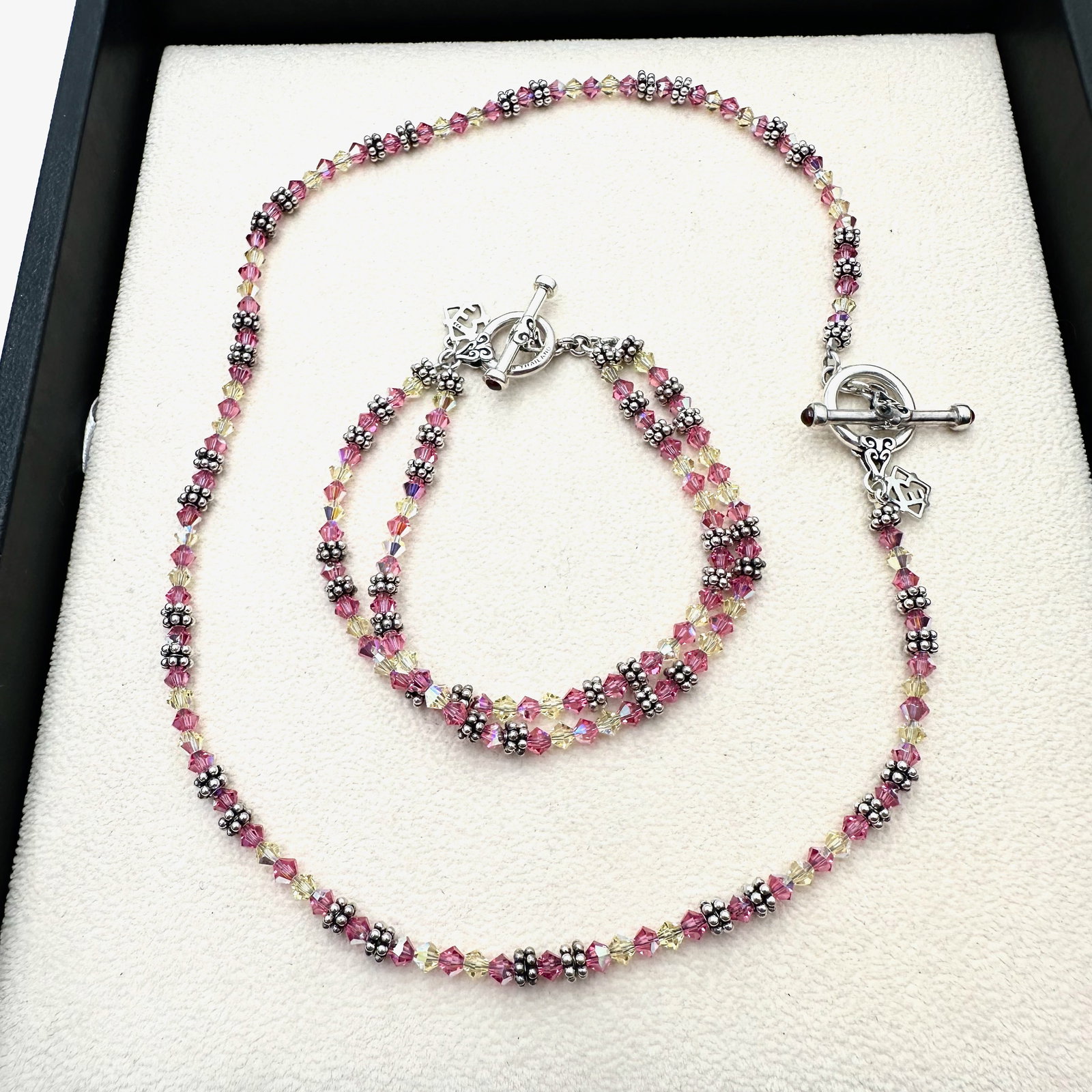 Pink and Yellow Crystal Sterling Silver 16 Inch Necklace 7.5 Inch Bracelet Set: Pink and Yellow Crystal Sterling Silver 16 Inch Necklace 7.5 Inch Bracelet Set