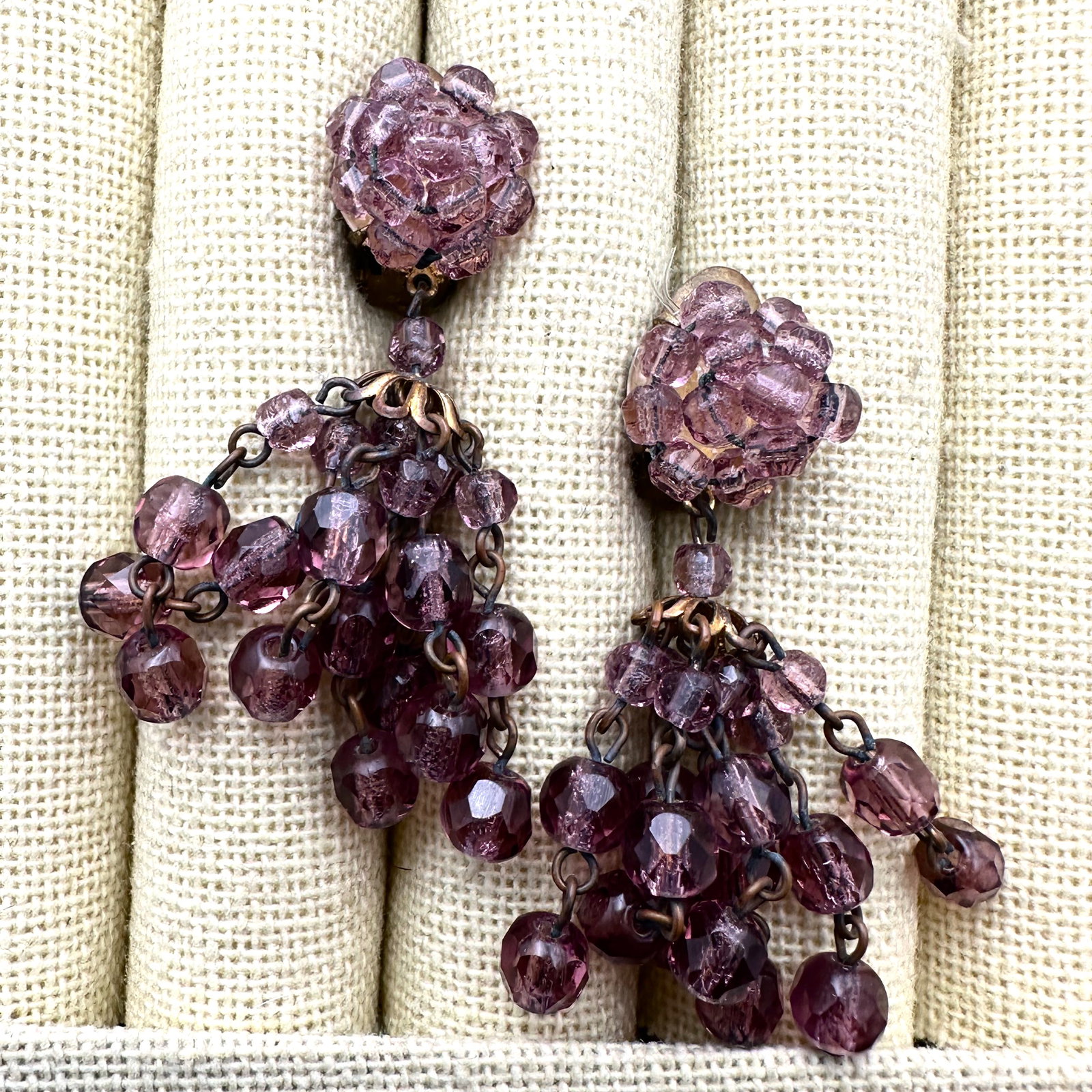 Vintage Purple Czech Glass Gold Tone Clip Earrings 2 Inch (1 of 2)