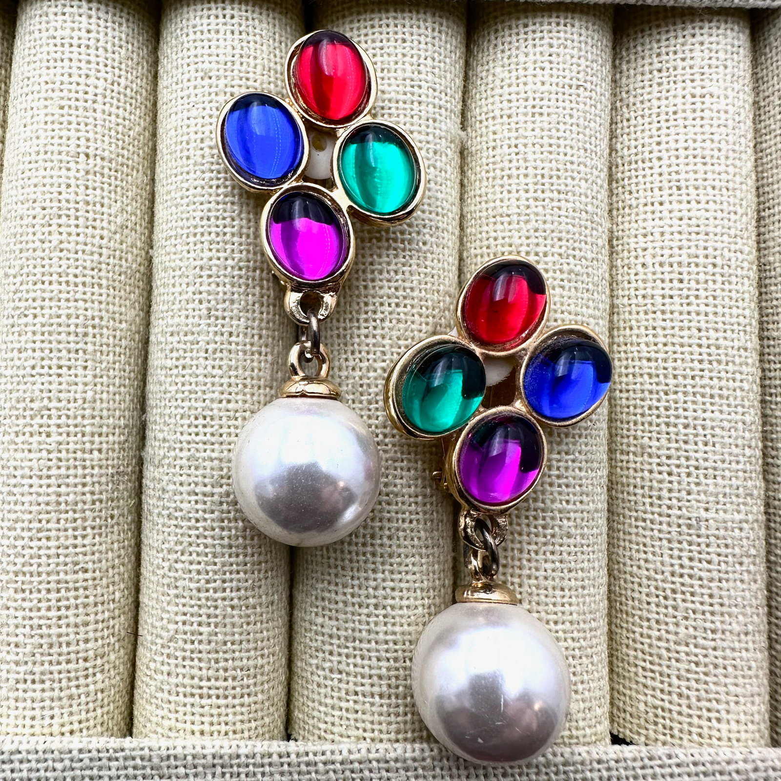 Vintage Jewel Tone Faux Pearl Gold Tone Clip Earrings 2 Inch (1 of 2)