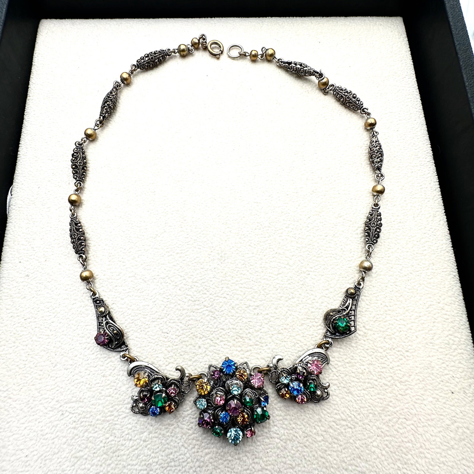 Vintage Multicolor Rhinestone Gold Tone Filigree Necklace 16 Inch (1 of 2)