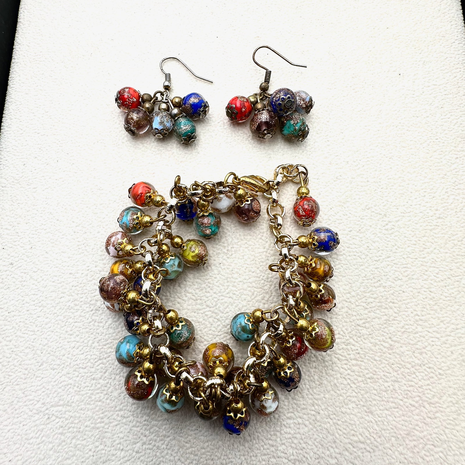Vintage Multicolor Murano Glass Bead Gold Tone Bracelet 7 Inch and Pierced Earrings (1 of 2)