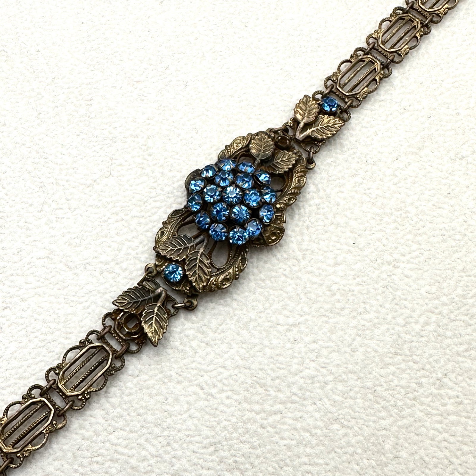 Antique Blue Rhinestone Antiqued Gold Tone Metal Bracelet 6.5 Inch: Antique Blue Rhinestone Antiqued Gold Tone Metal Bracelet 6.5 Inch