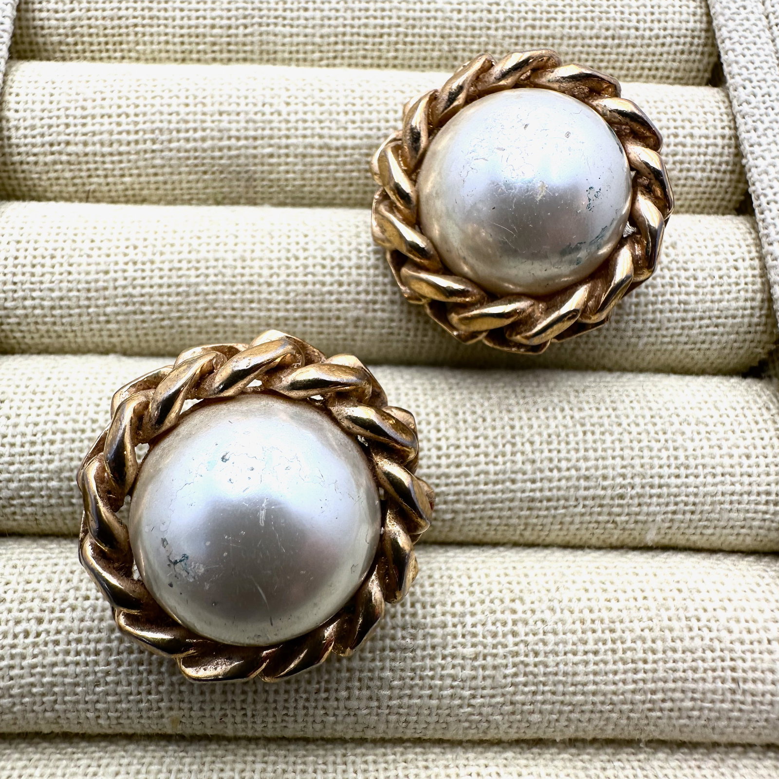 Vintage Christian Dior Faux Pearl Gold Tone Clip Earrings Some Light Wear to Pearl Coating: Vintage Christian Dior Faux Pearl Gold Tone Clip Earrings Some Light Wear to Pearl Coating
