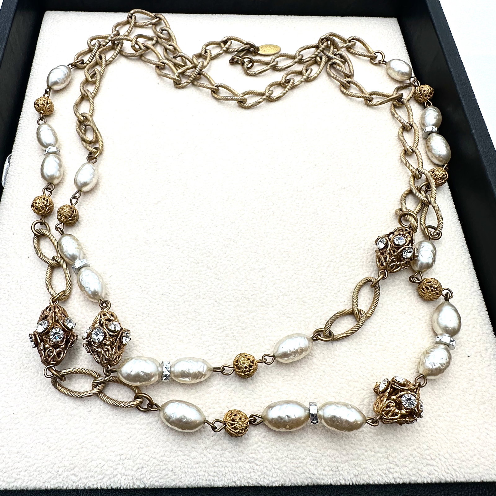 Vintage Miriam Haskell Antiqued Gold Tone Filigree Crystal Stations Baroque Pearl Necklace 44 Inch (1 of 2)