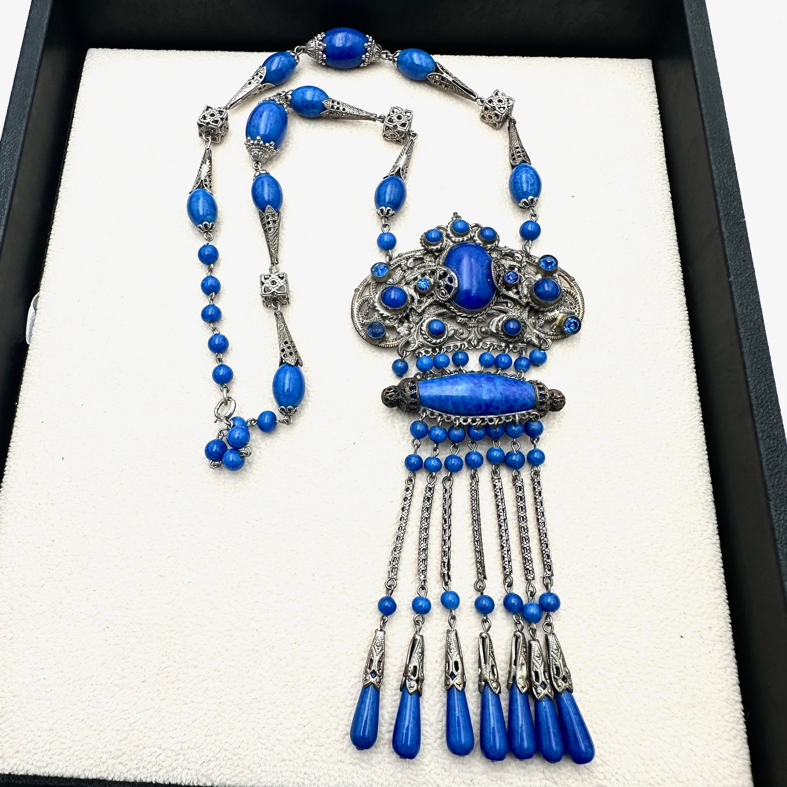 Antique Vintage Blue Lapis Glass Silver Tone 5 Inch Pendant Necklace 17 Inch Wearable Length: Antique Vintage Blue Lapis Glass Silver Tone 5 Inch Pendant Necklace 17 Inch Wearable Length Attributed to Neiger Brothers