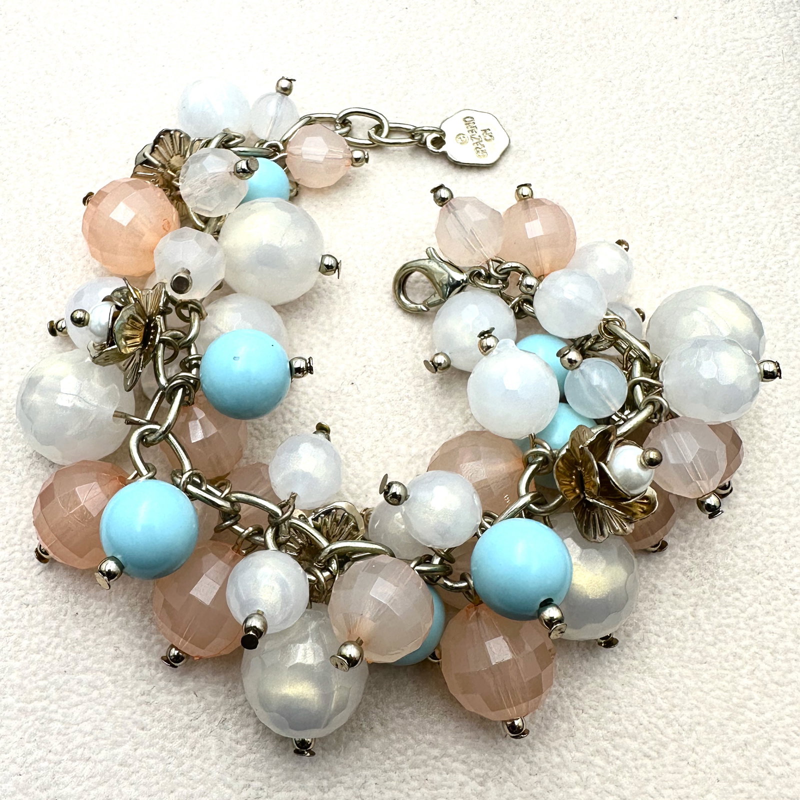 Vintage Graziano Pink Blue White Iridescent Bead Cha Cha Style Gold Tone Bracelet Fits up to 8 Inch (1 of 2)
