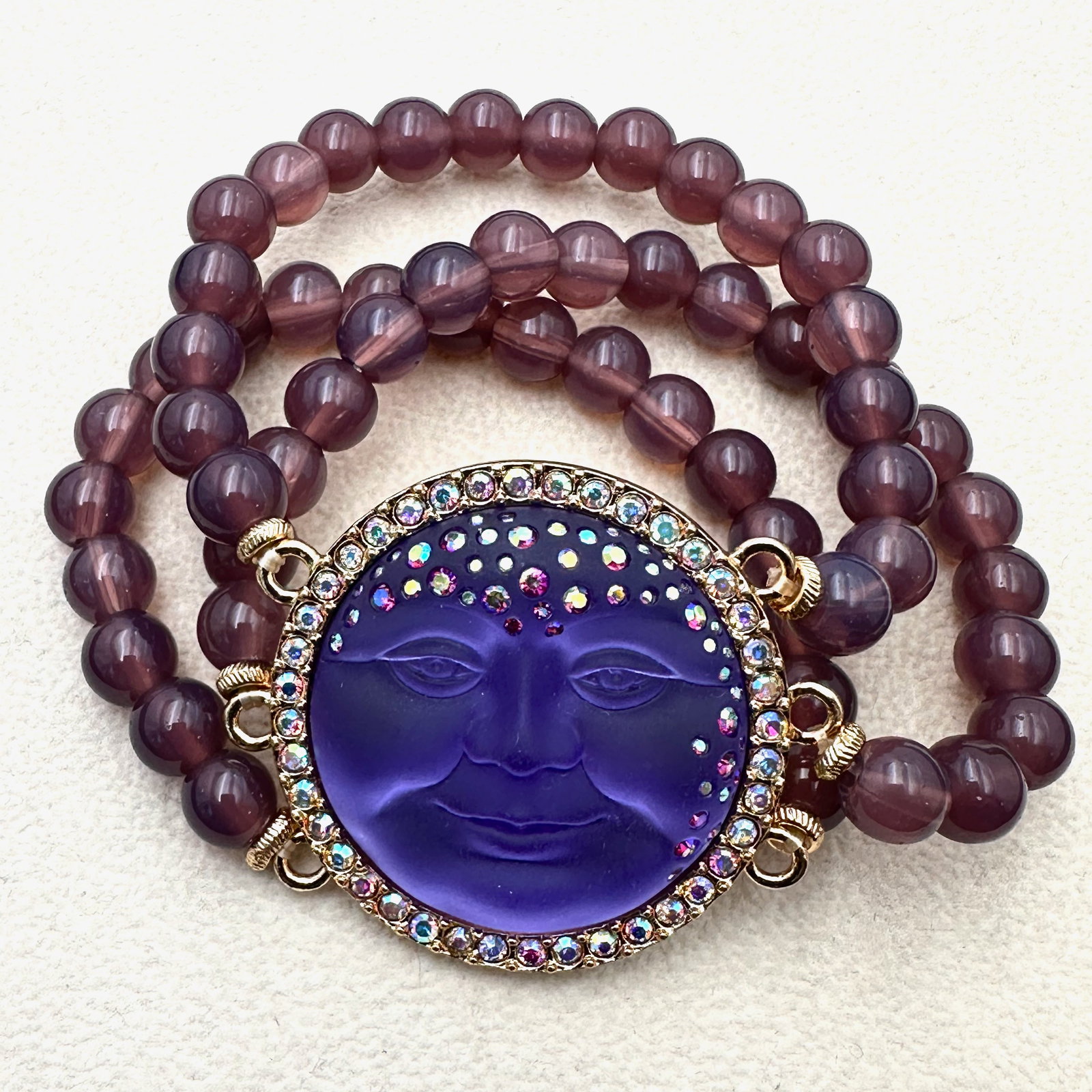 Kirks Folly Purple Moon Face Crystal Glass Bead Bracelet Gold Tone (1 of 2)