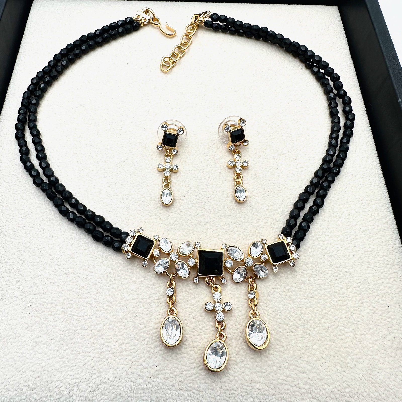 Vintage Monet Black and Clear Crystal Necklace and Pierced Earrings Set (1 of 2)