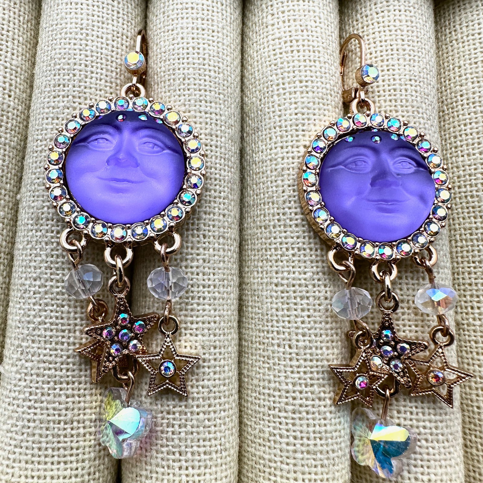 Kirks Folly Purple Moon Face Star Crystal Gold Tone Pierced Earrings 2.5 Inch (1 of 2)