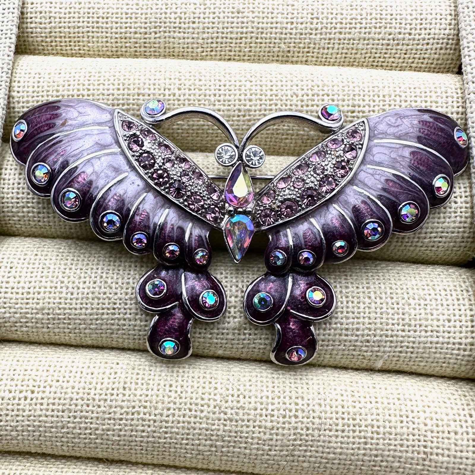 Large Purple Enamel and Rhinestone Silver Tone Butterfly Brooch Pin 3.25 Inch (1 of 2)