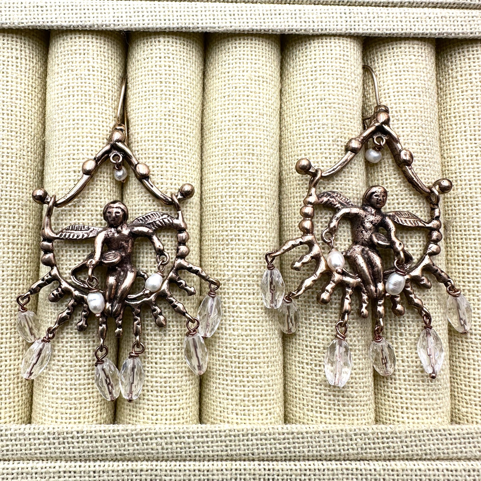 Bronze Angel Cherub Crystal Drop Pierced Earrings 3 Inch Length: Bronze Angel Cherub Crystal Drop Pierced Earrings 3 Inch Length